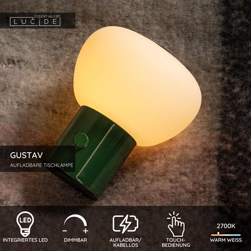 Lucide GUSTAV - wiederaufladbare Tischlampe - Akku/Batterie - Ø 8 cm - LED Dim. - 1x0,8W 2700K - Grün | Essential - USP